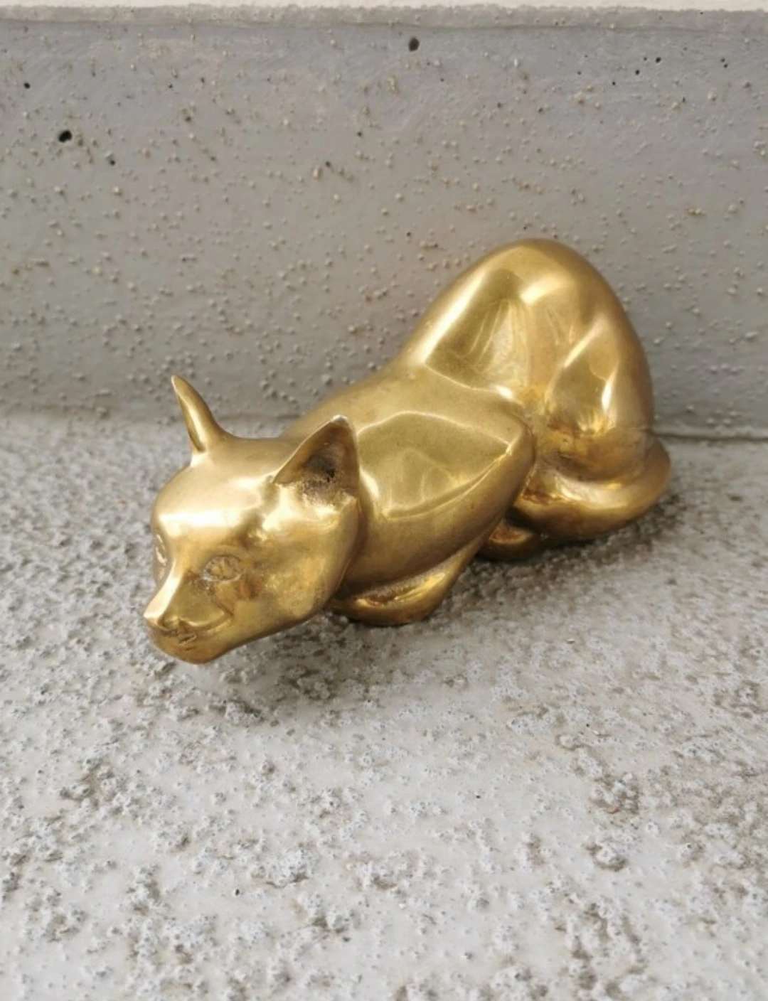 Vintage Brass Crouching Cat Figurine Mid Century Modern