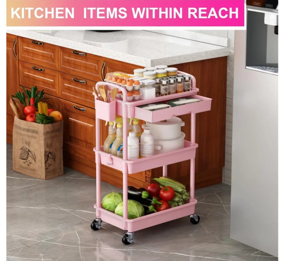 Pink 3-Tier Rolling Kitchen Storage Cart – $40 - photo 4