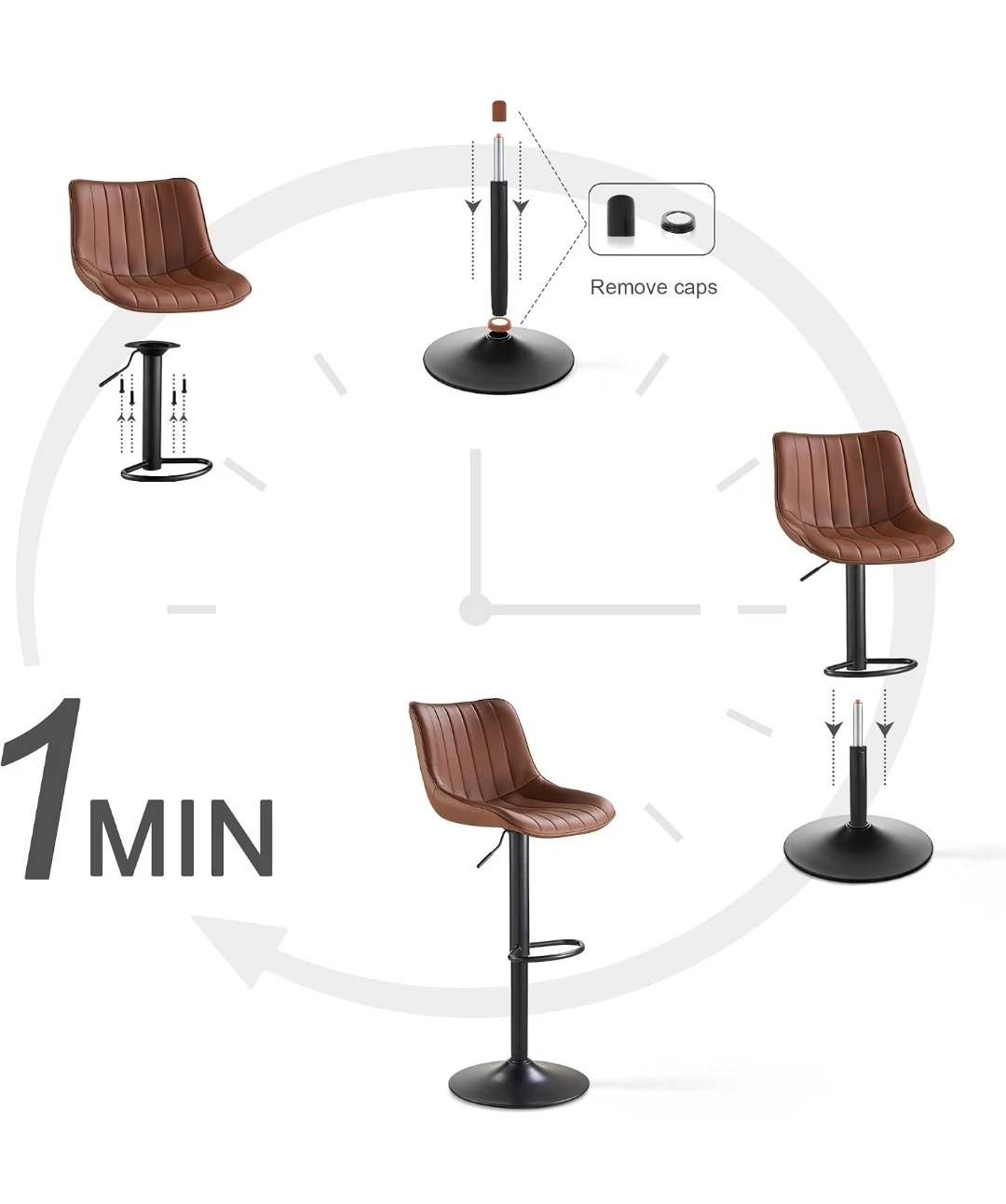 Adjustable Swivel Bar Stools, Brown Faux Leather - photo 4