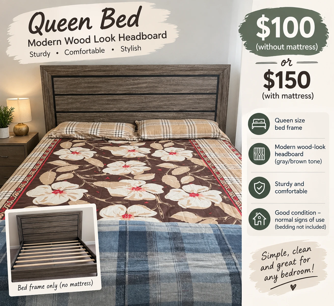 Queen Bed Frame with Modern Wood Look Headboard