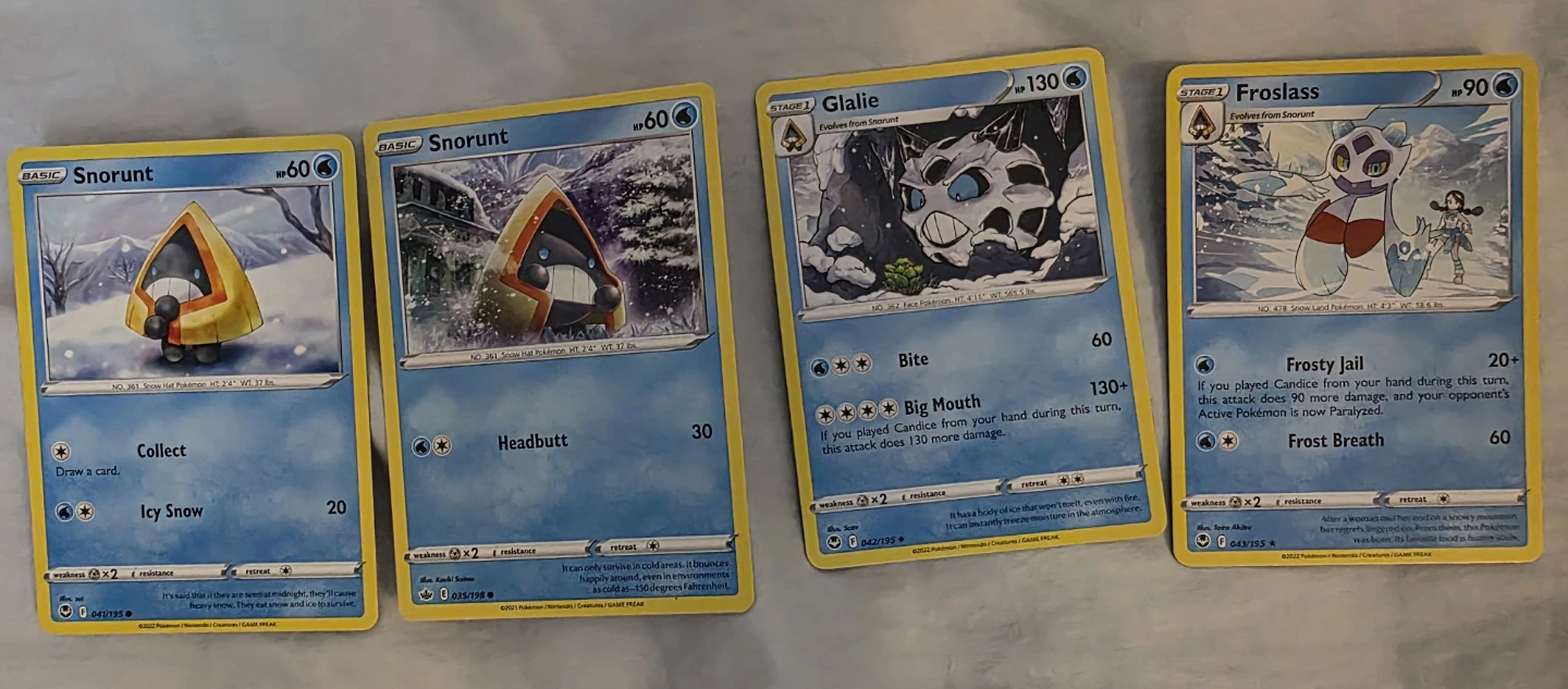 Set of 4 Pokemon Trading Cards Snorunt Glalie Froslass