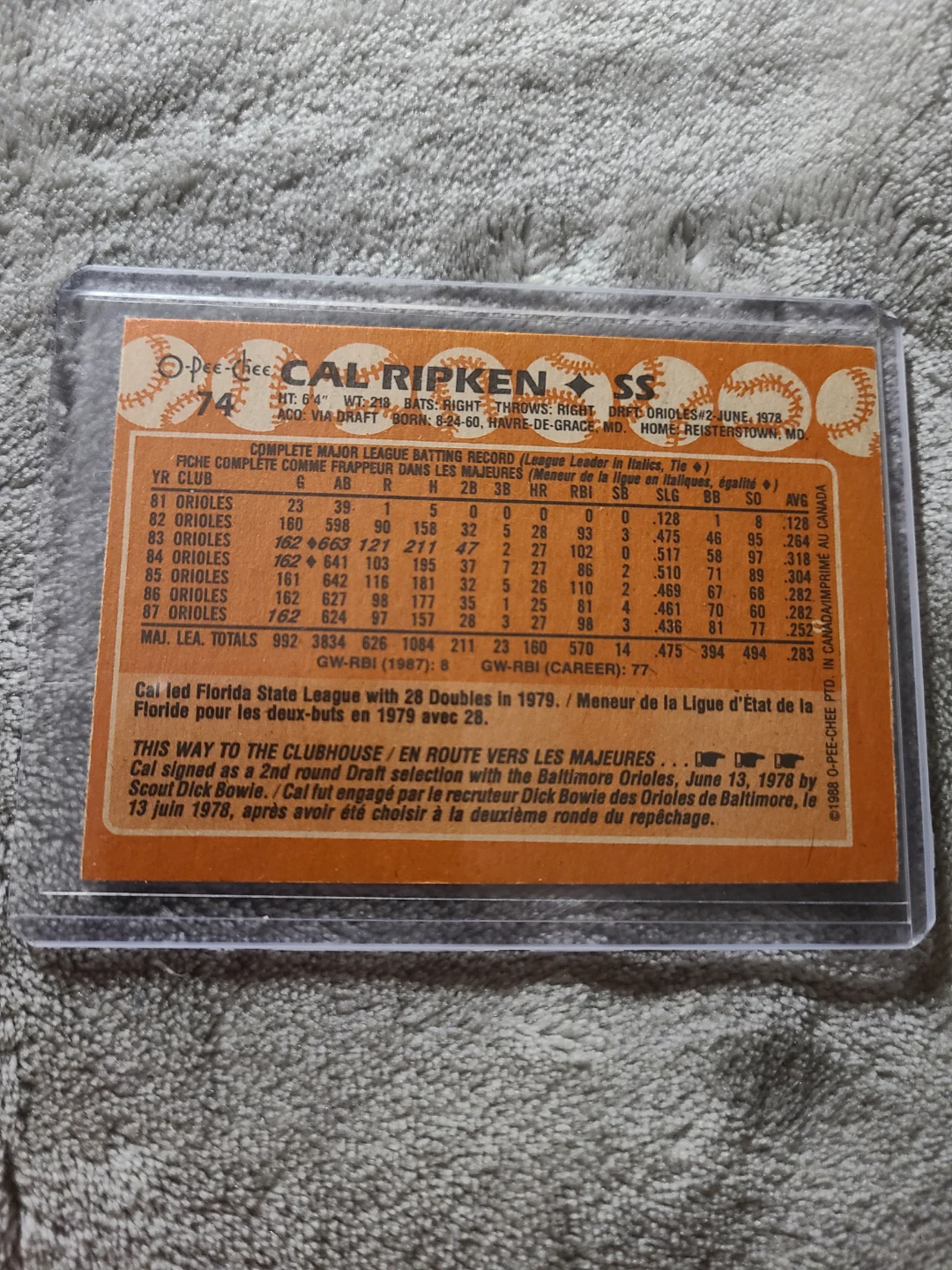 1988 O-Pee-Chee Cal Ripken Jr. Baseball Card #74 - photo 2