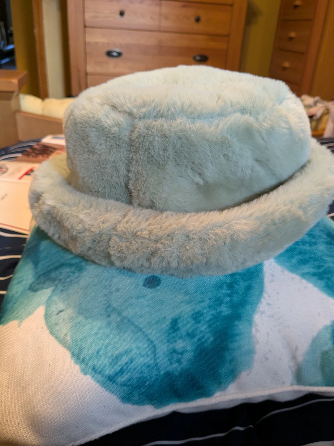 Plush Faux Fur Bucket Hat, Mint Green, Rolled Brim, One Size