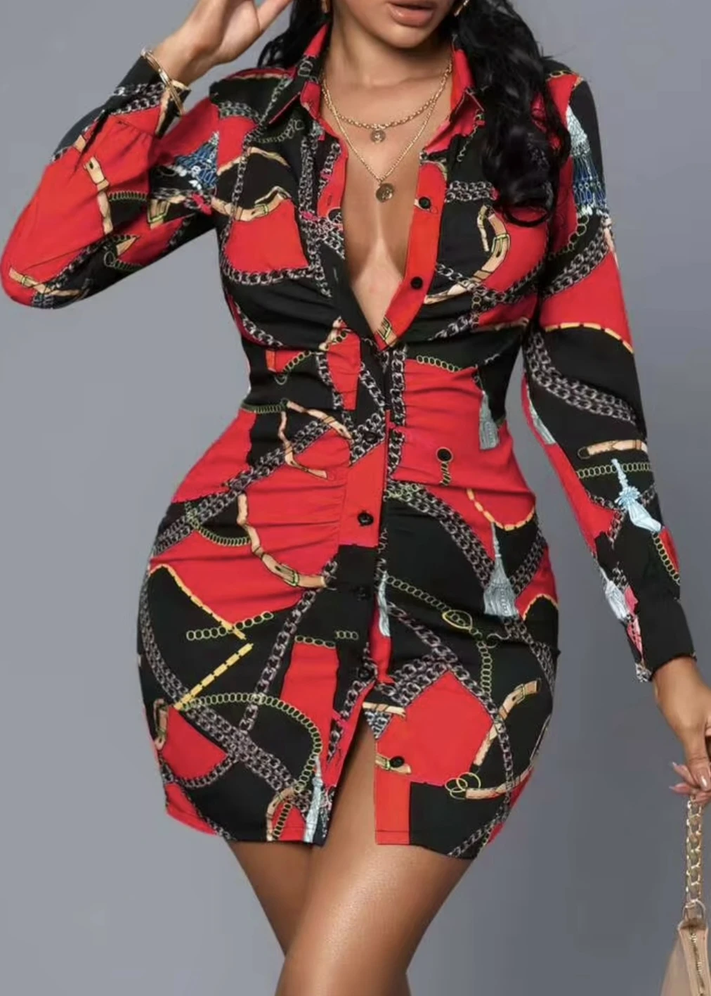 Red and black chain print shirt dress