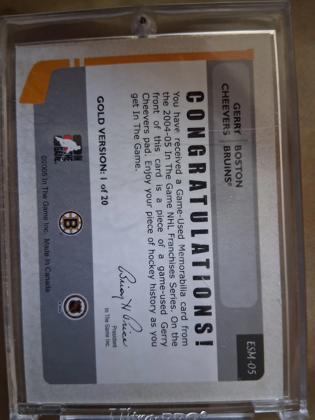 Gerry Cheevers Boston Bruins Game-Used Memorabilia Card - photo 2