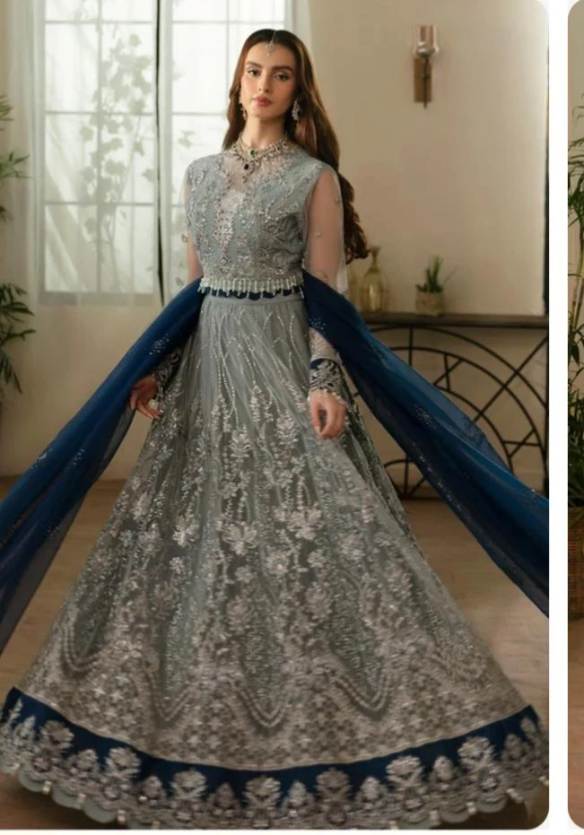 Embroidered Grey and Navy Blue Gown - photo 2