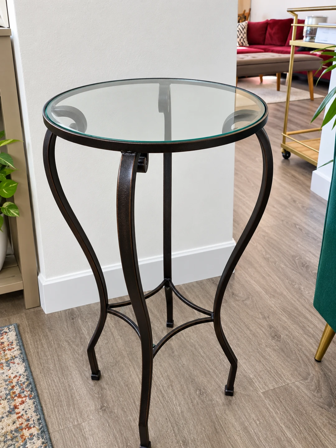 Round Bronze Metal and Glass Accent Table