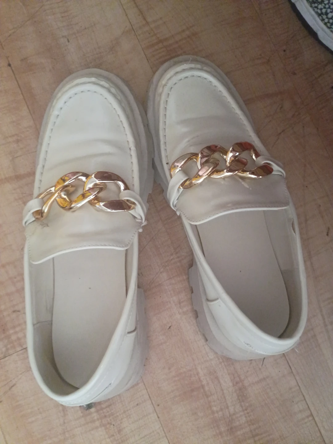 White Loafers with Gold Chain Detail