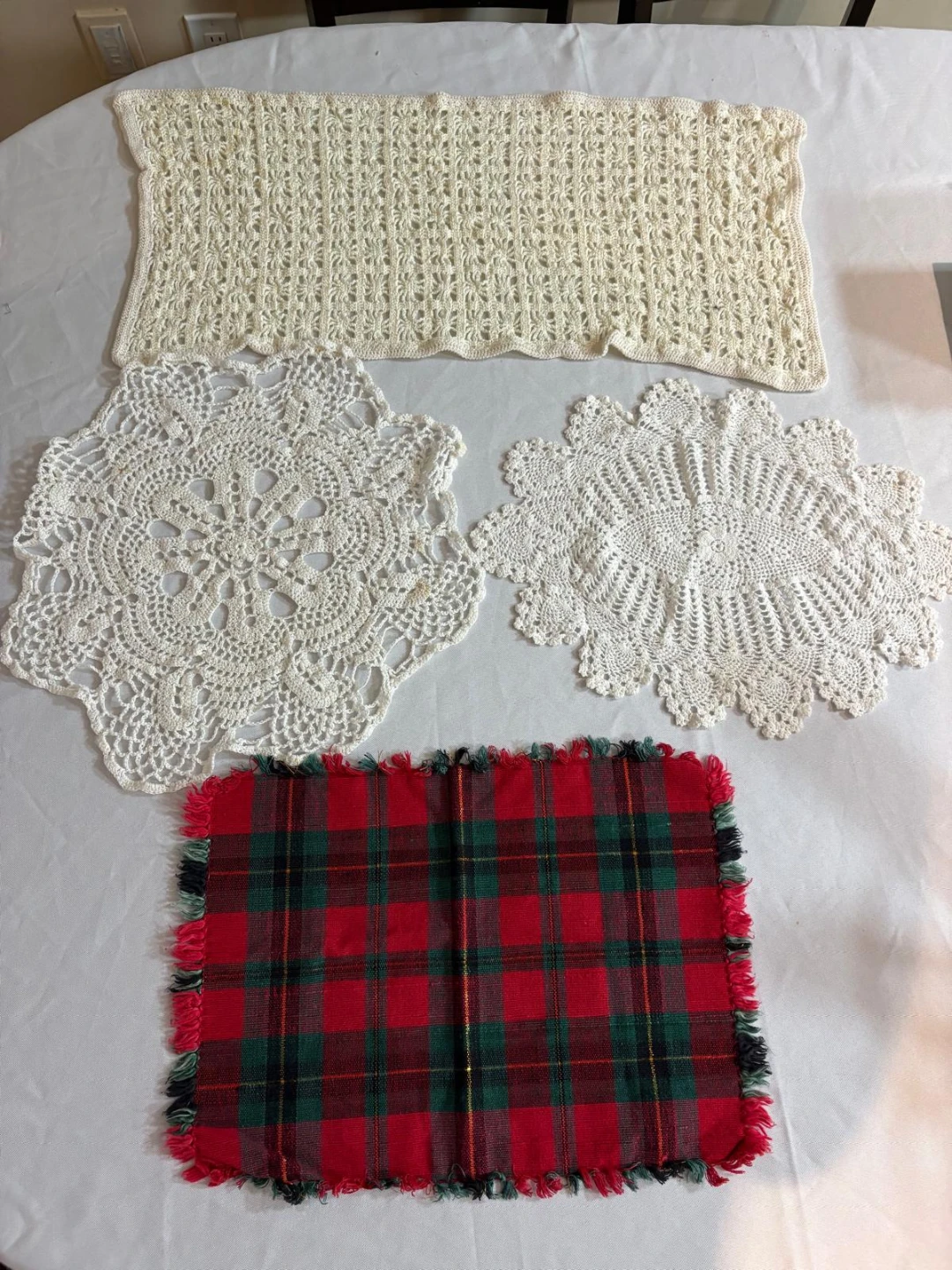 Assorted Vintage Doilies and Plaid Placemat Set - photo 2