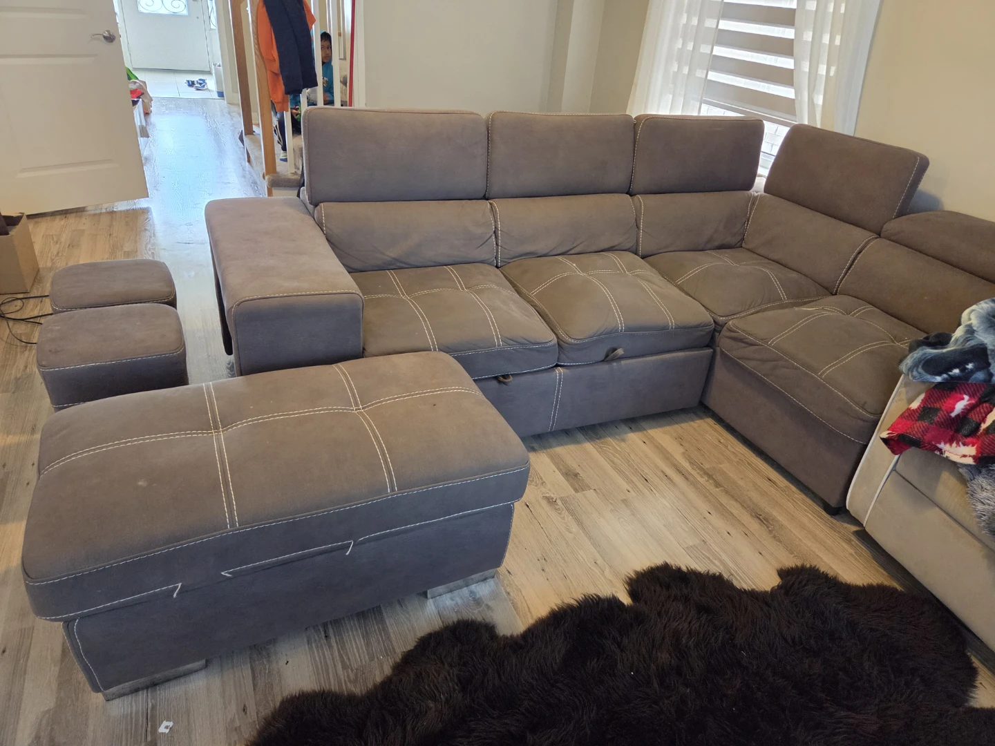 Grey Sectional Sofa with Storage and Ottomans