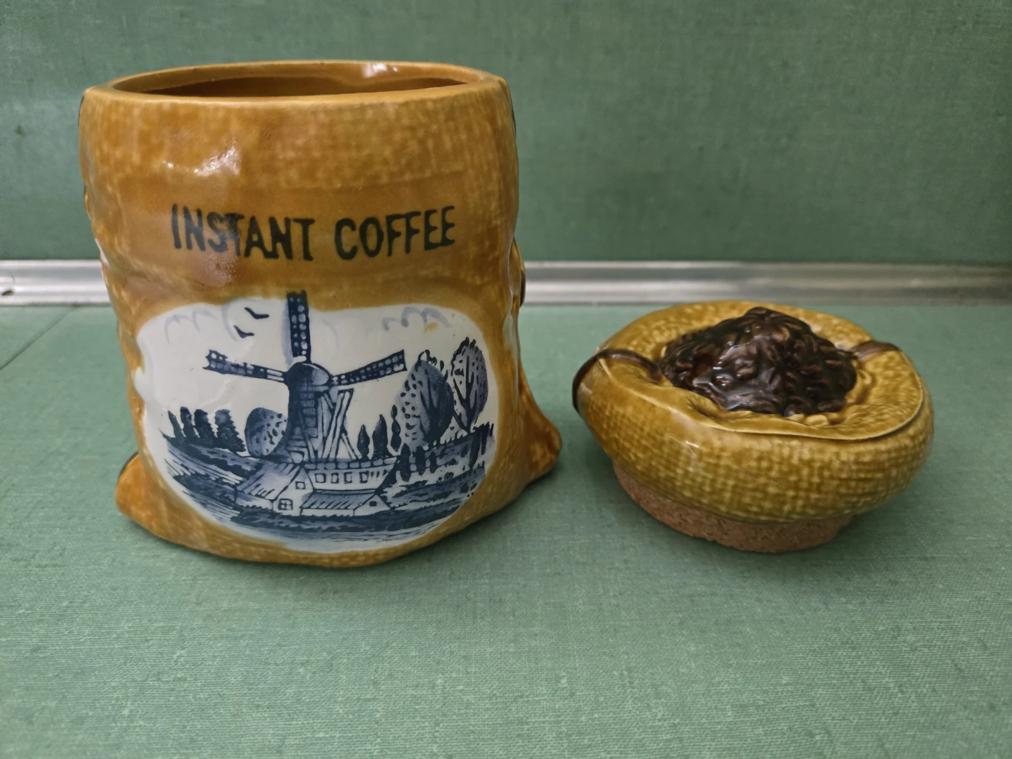 Vintage Ceramic Instant Coffee Container Burlap Sack/Bag - photo 2
