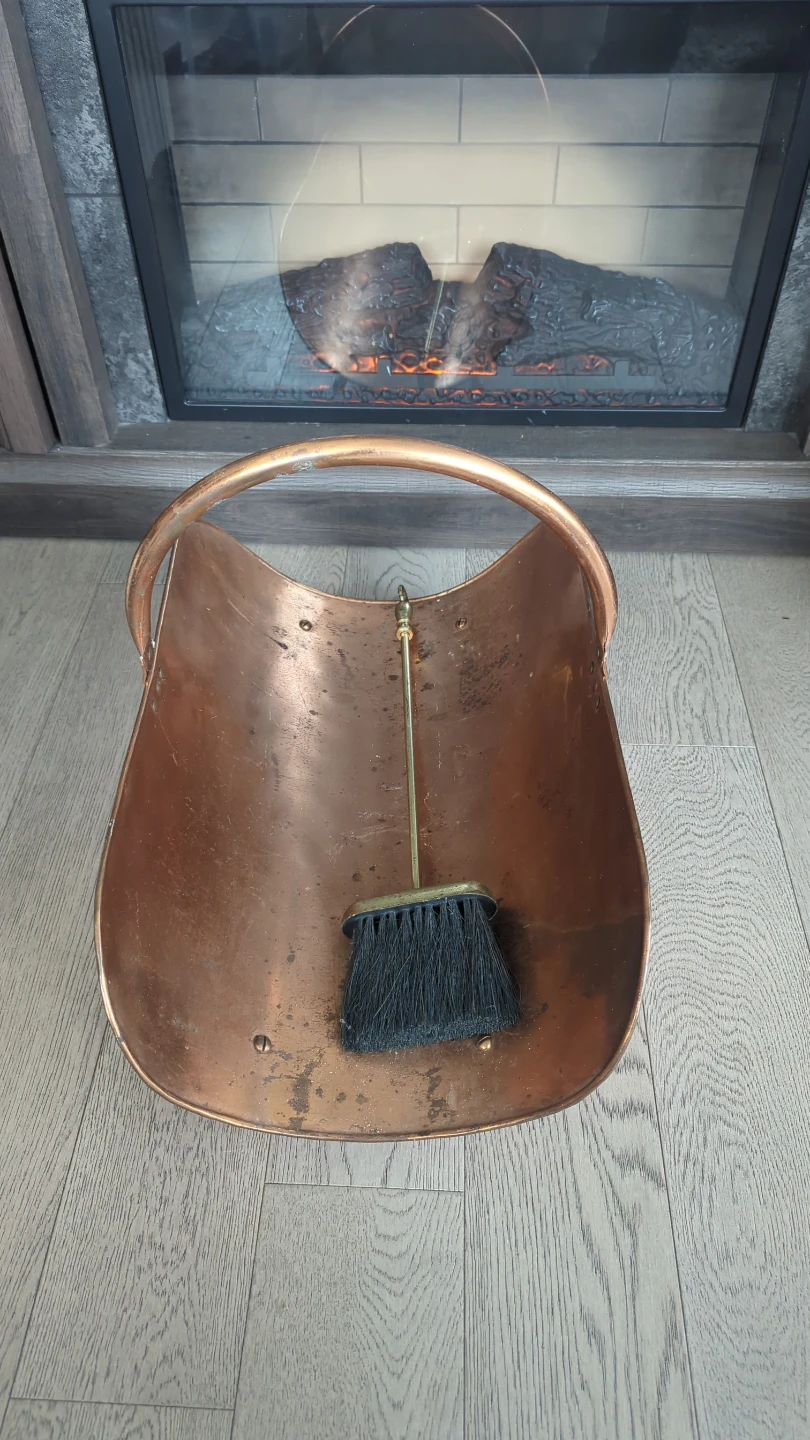 Vintage Copper Fireplace Log Carrier with Brush - photo 2