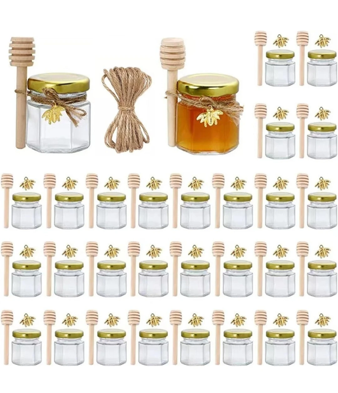30 pk. Glass Honey Jars w/Wooden Dippers & Bee Charms...New