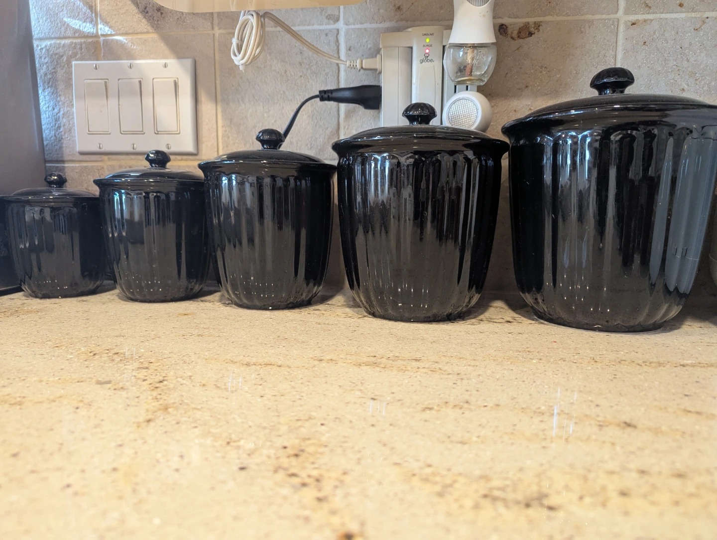 Set of 5 Black Ceramic Kitchen Canisters