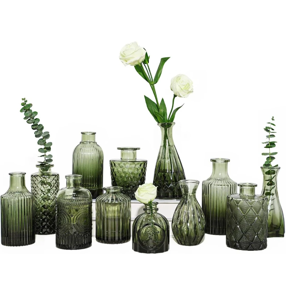 Set of 12 Miniature Green Glass Vases