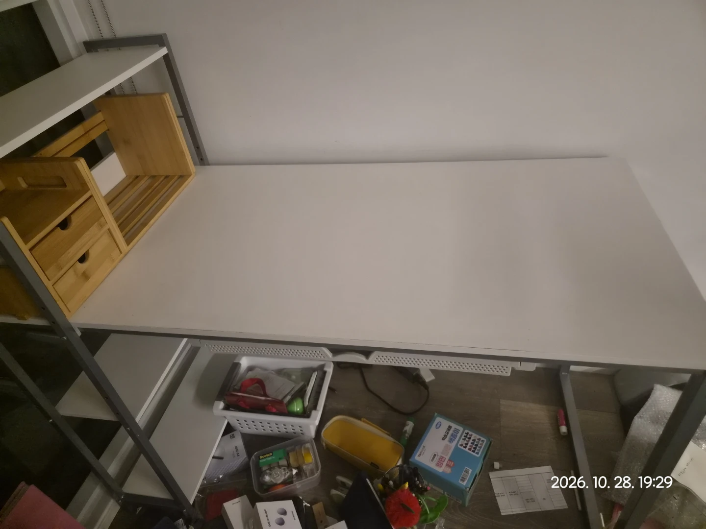 White Metal Frame Desk with Attached Shelving