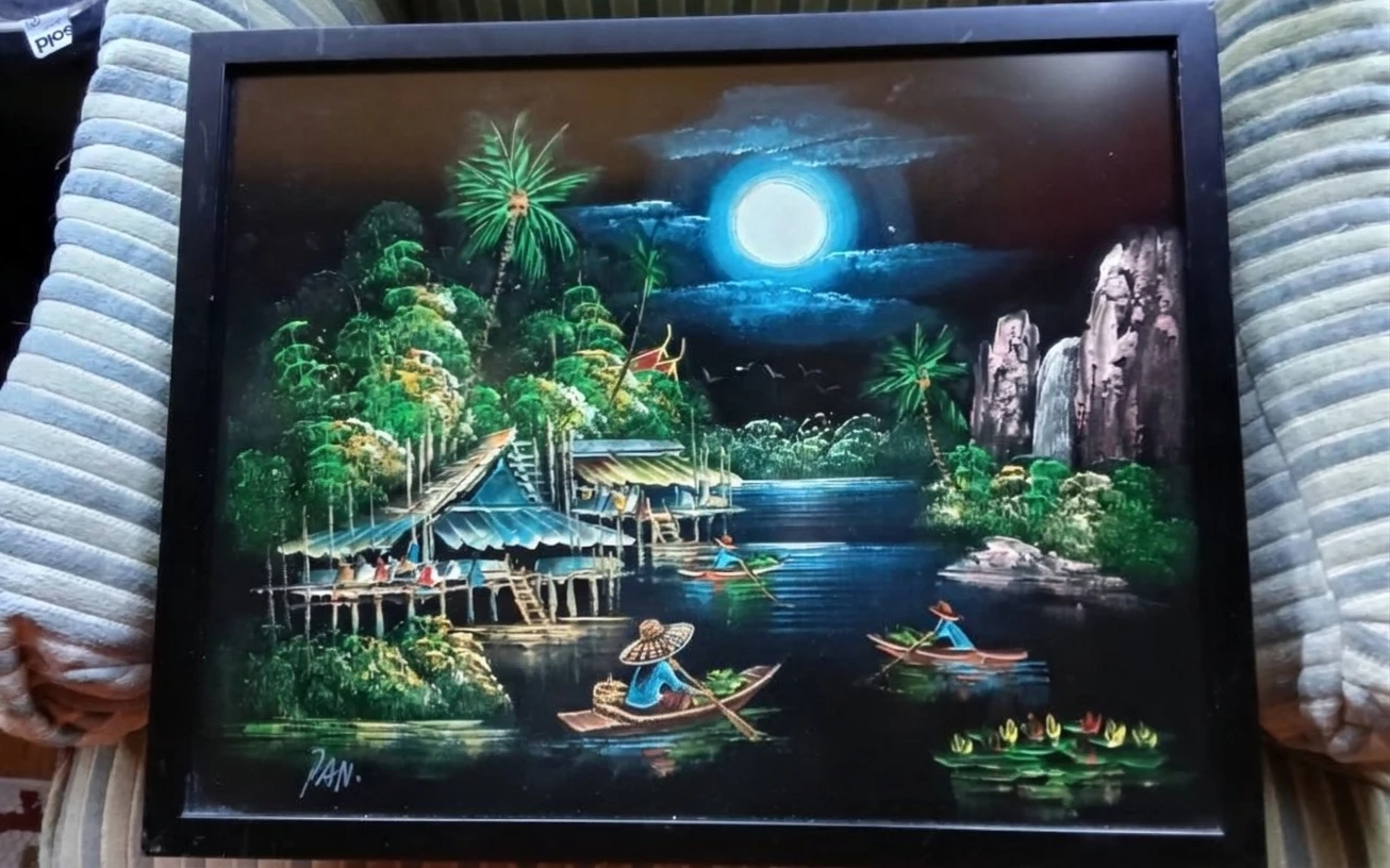 70s/80s Thai Black Velvet Painting – Moonlit