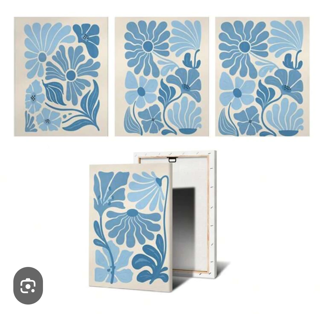 Set of 3 Blue Floral Canvas Wall Art