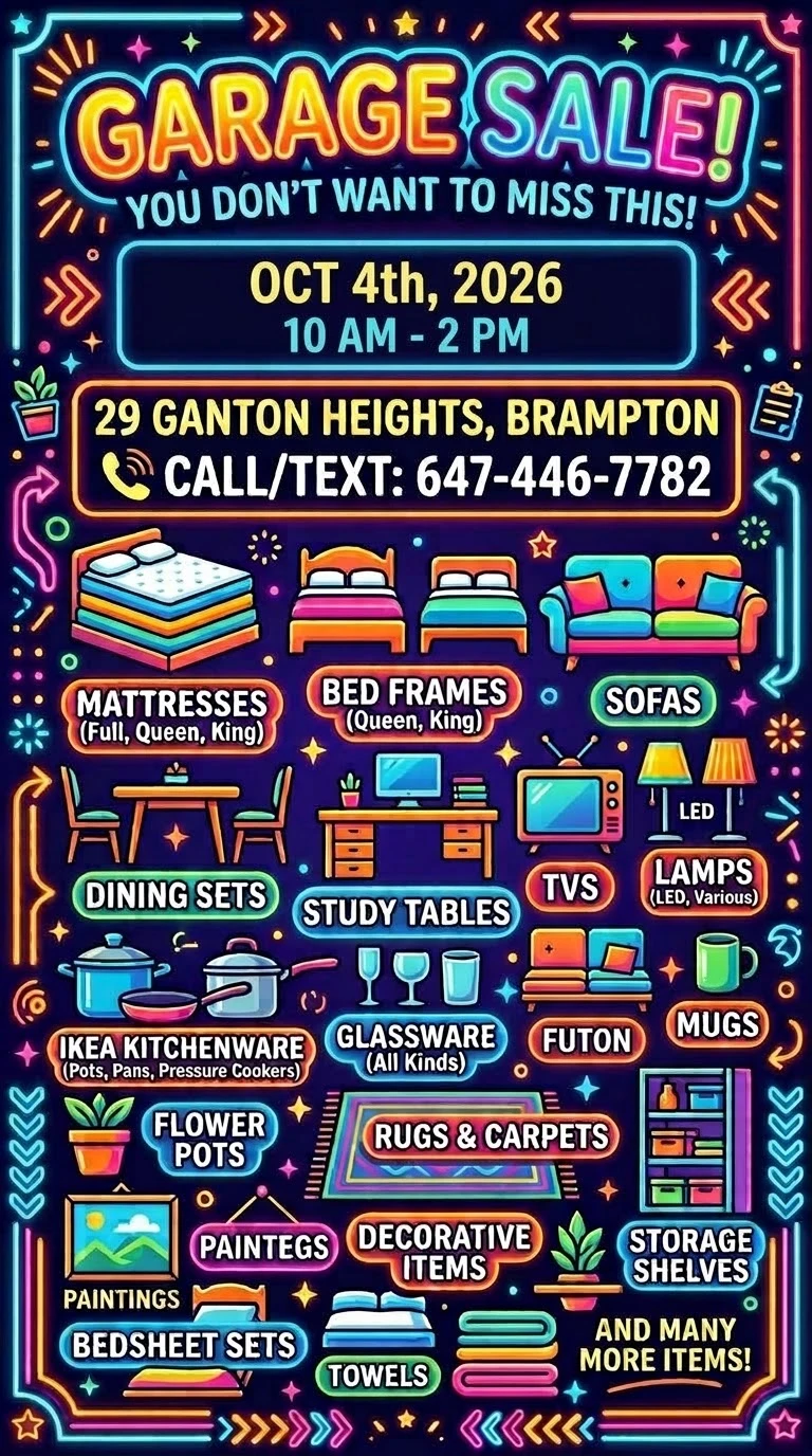 Garage sale - 29 ganton hts Brampton, 3rd and 4th Oct