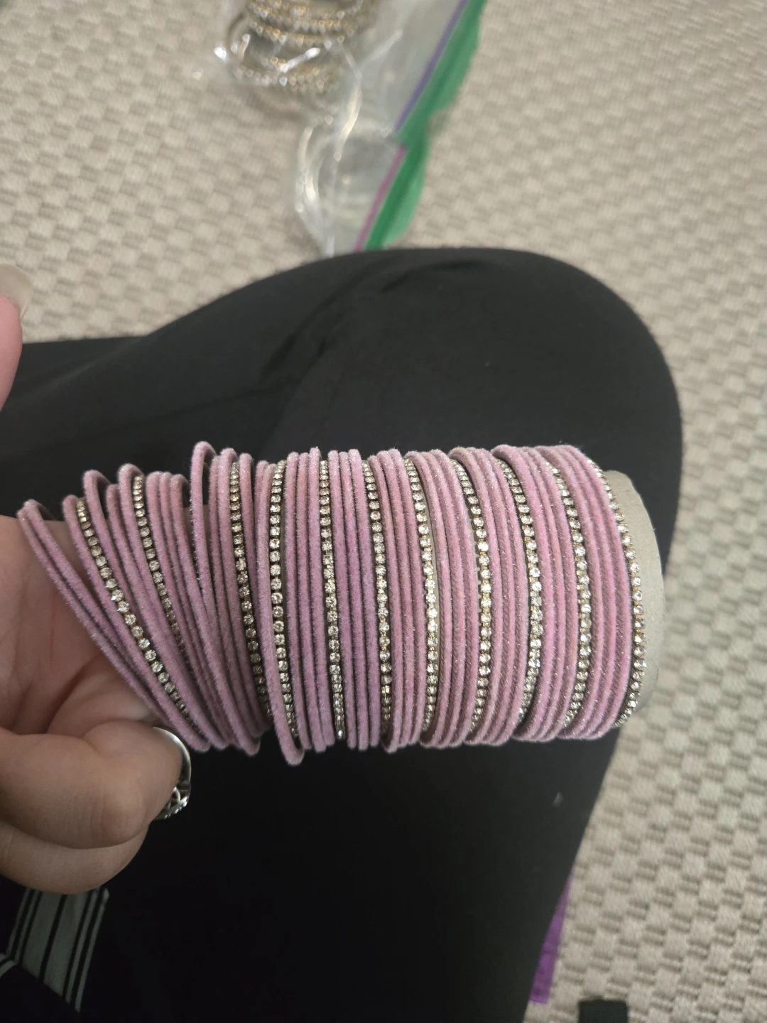 Set of pink velvet rhinestone bangles