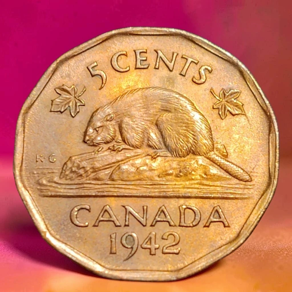 1942 Canadian 5 Cents Coin. Metal Tombac Brass.