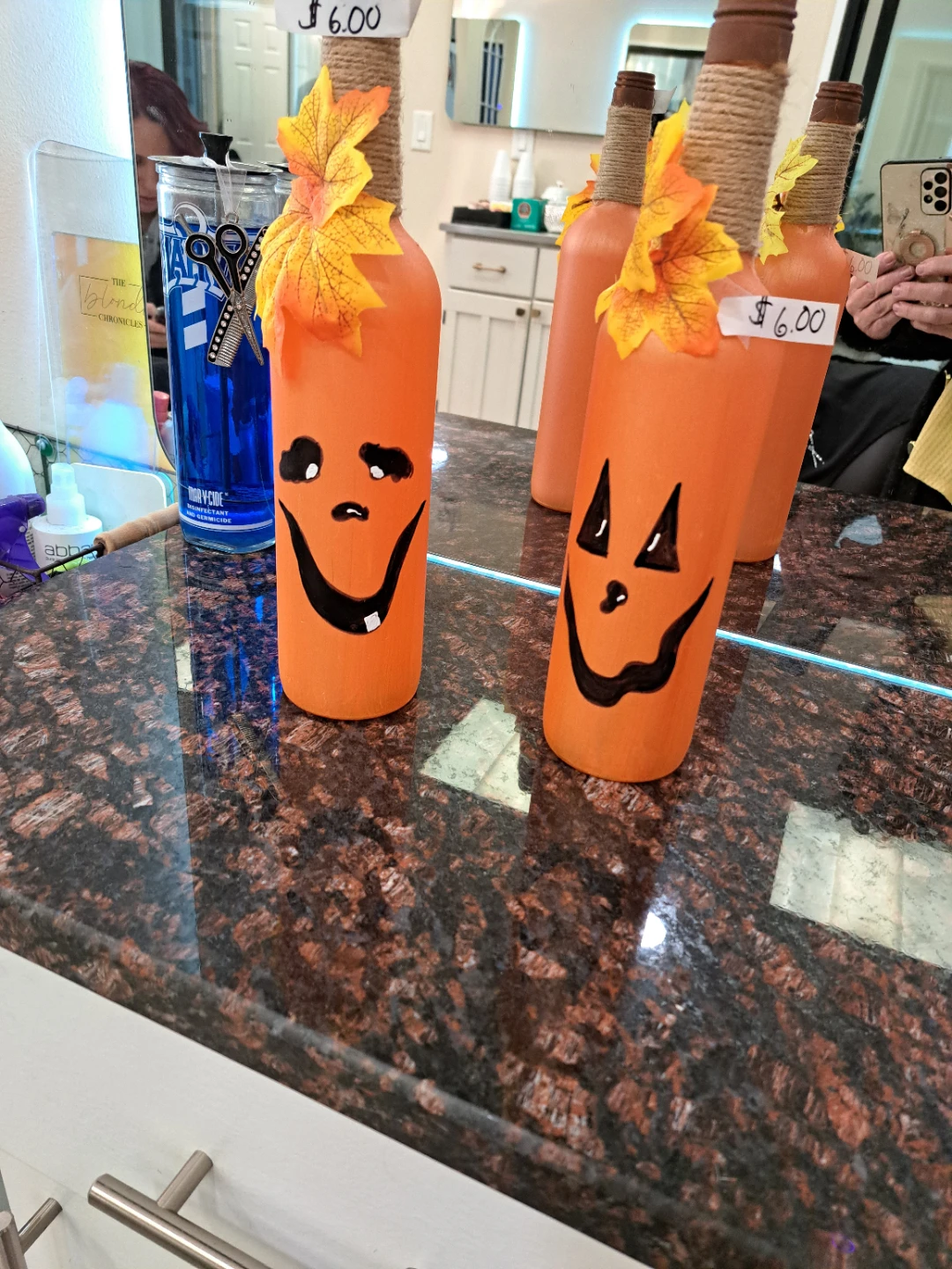 Orange Painted Jack-o-Lantern Glass Bottle Decor