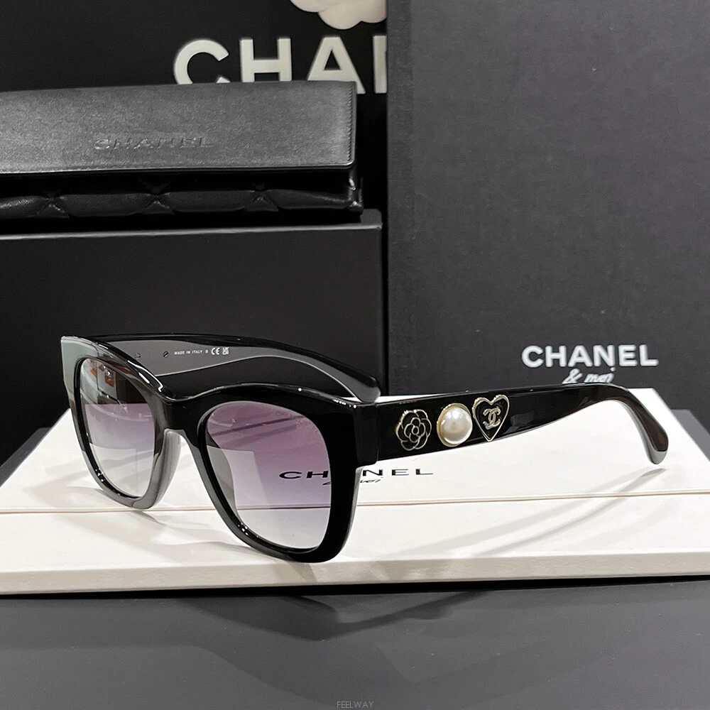 Chanel Black Sunglasses with Camellia and Heart Embellishments