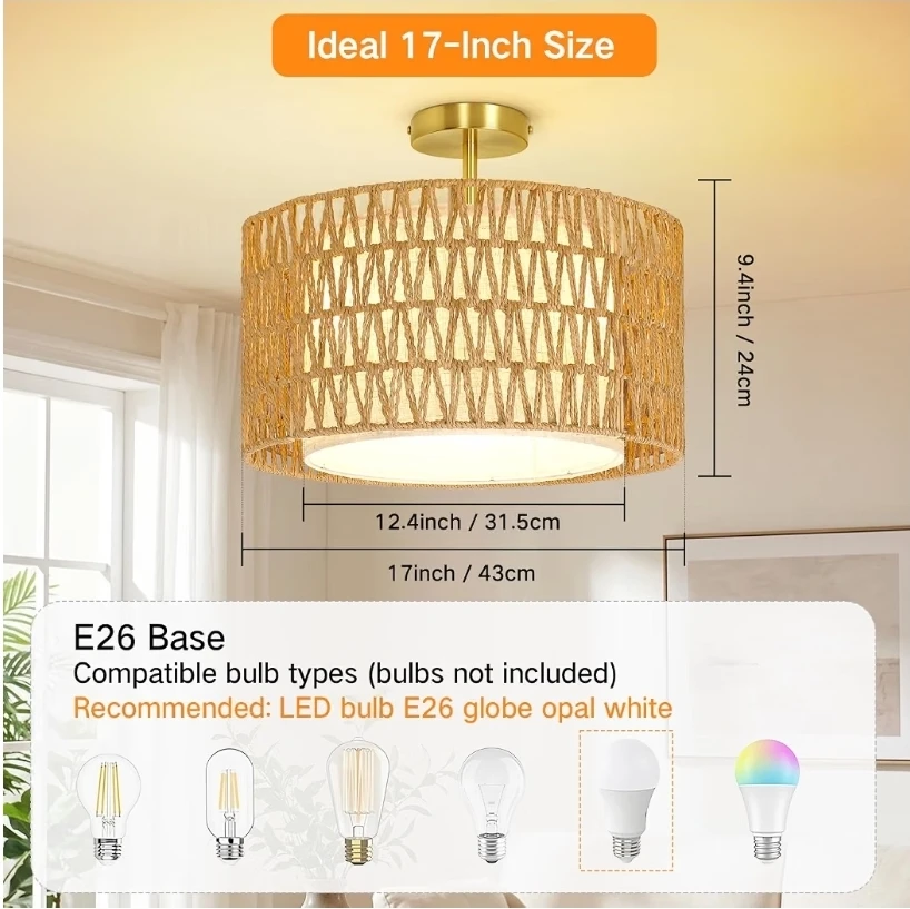 Boho Rattan Semi Flush Mount Ceiling Light - photo 3