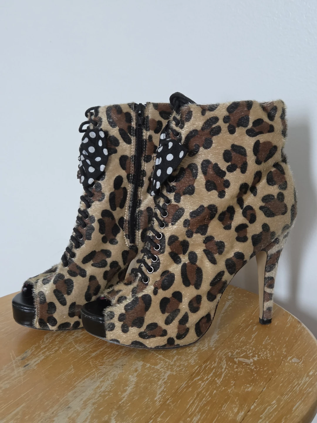 Leopard Print Lace-Up Peep-Toe Booties