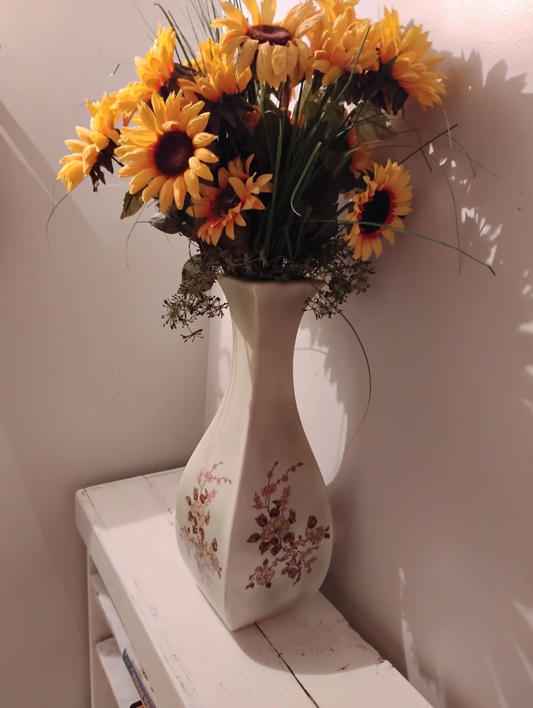 Large 23" mint green vase w/Artificial Sunflowers