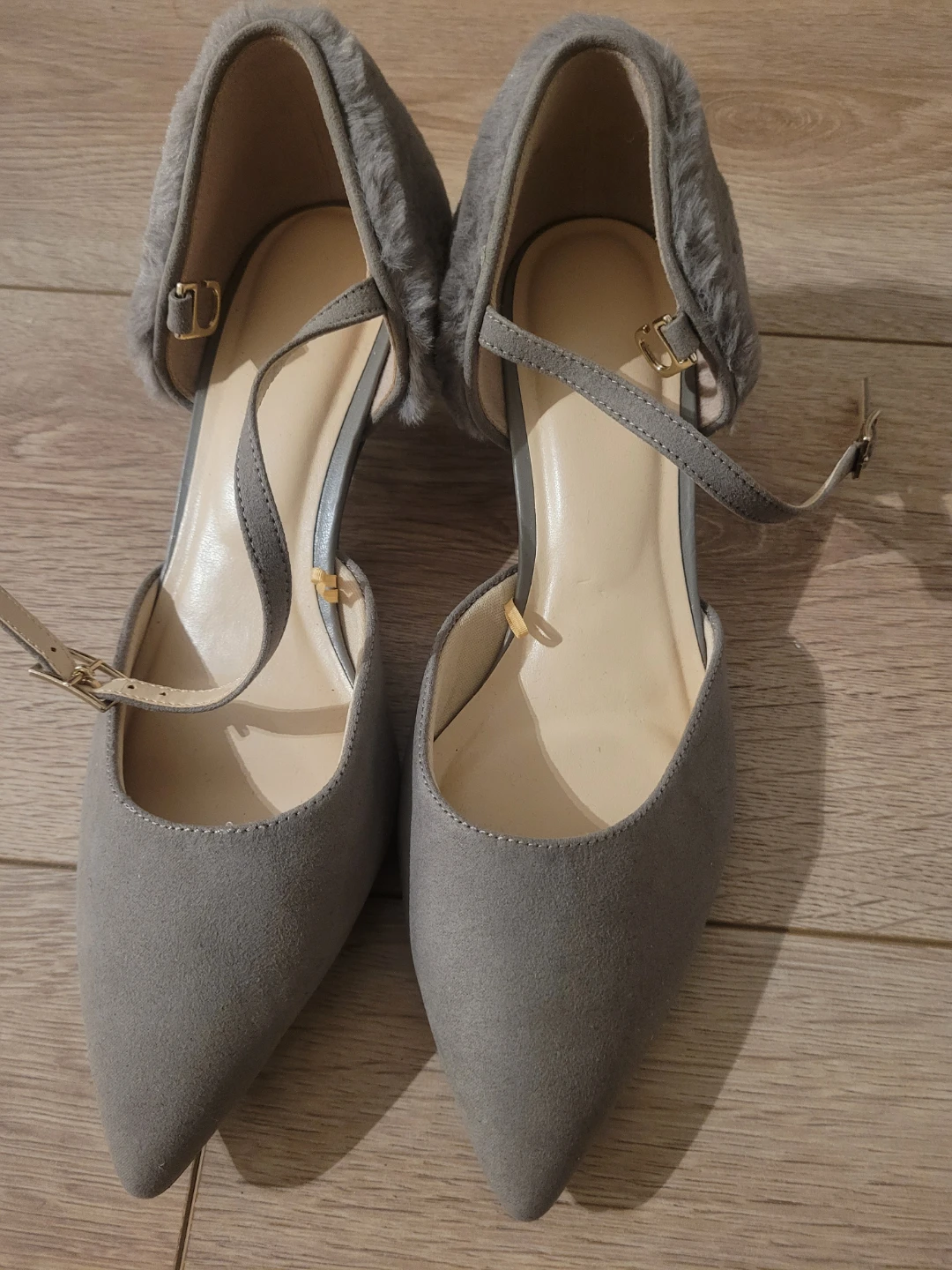 Grey faux fur kitten heels