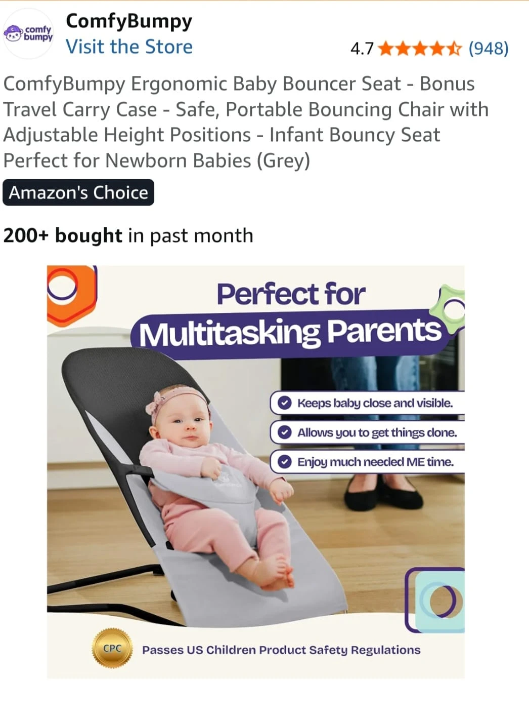 ComfyBumpy Ergonomic Baby Bouncer - Grey - photo 2