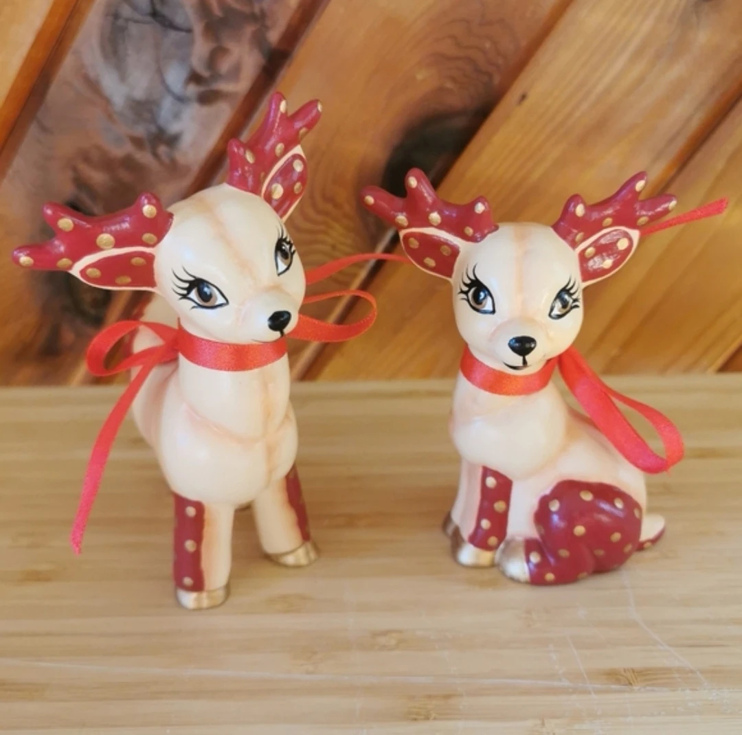 Vintage Ceramic Reindeer Figurines Set of 2 Hand Painted Retro - photo 5