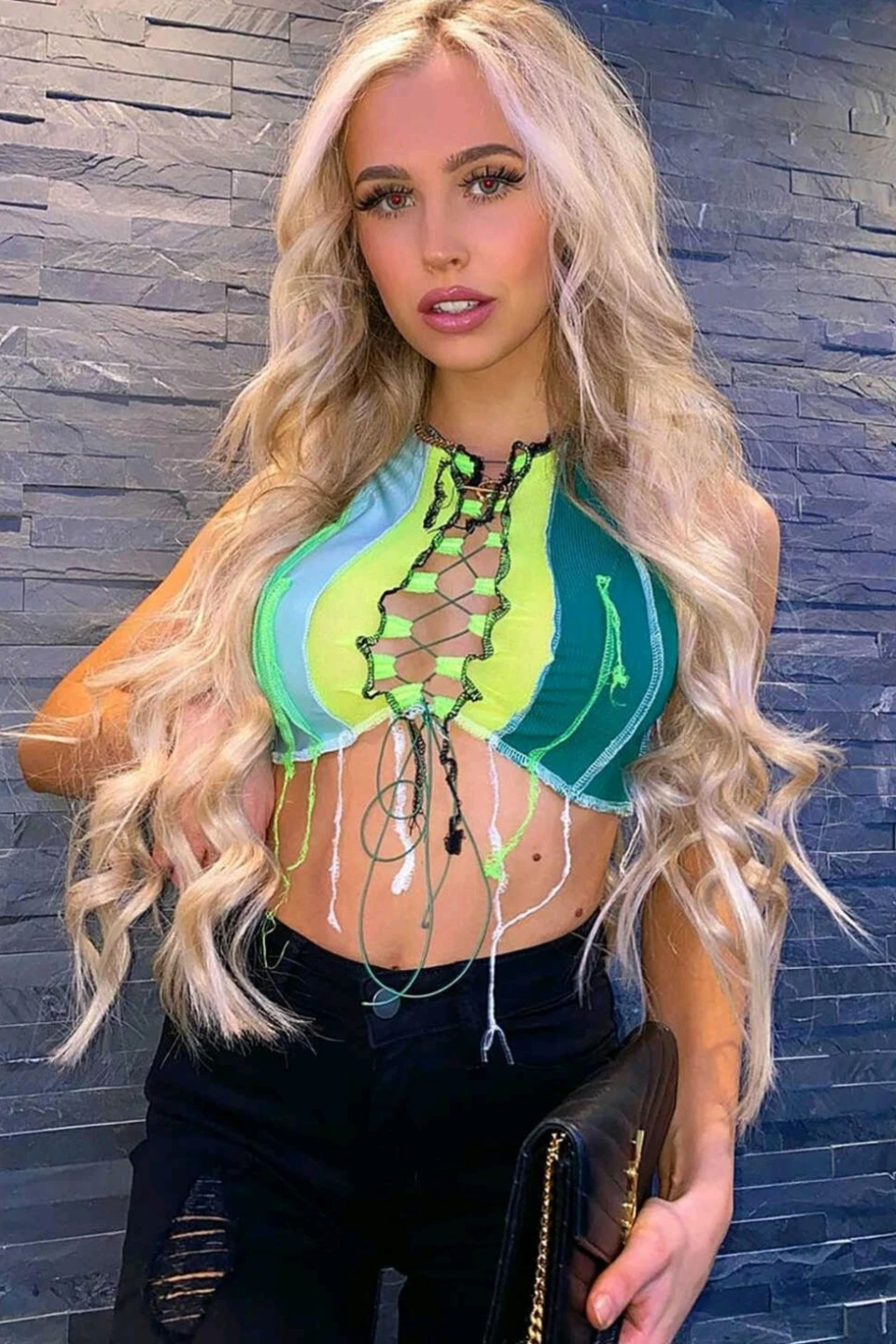 New With Tags! Mesh Lace Up Crop Top - Green and Yellow - photo 3