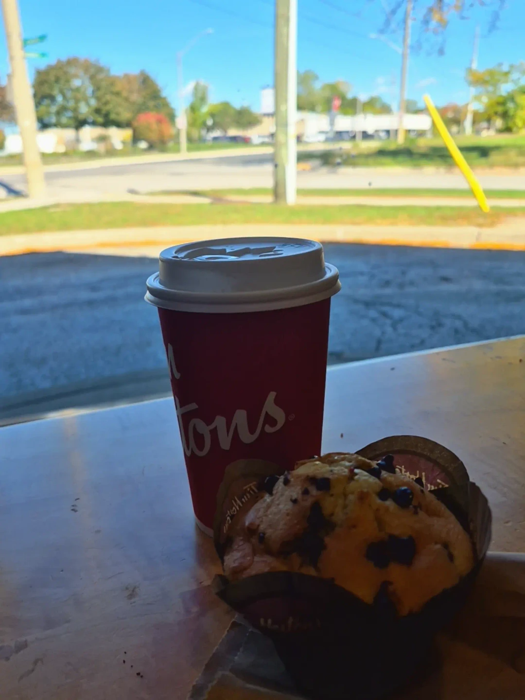 Tim Hortons coffee and chocolate chip muffin