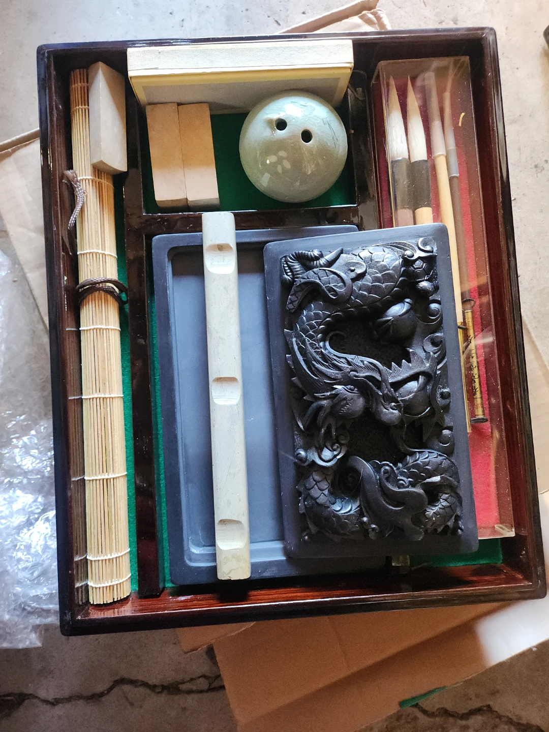 Vintage Asian Calligraphy Brush Set (Wooden Box)