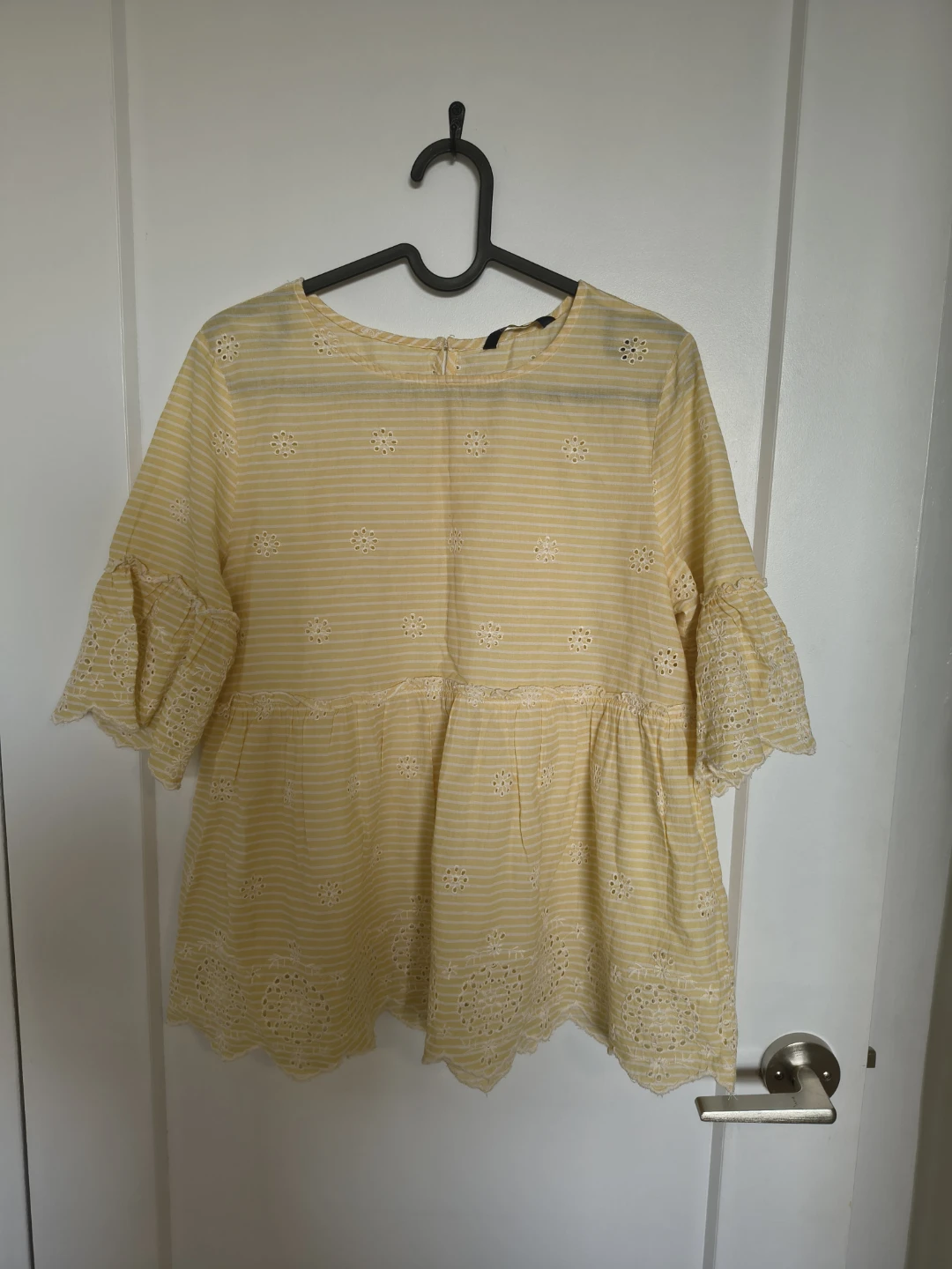 Yellow Striped Eyelet Peplum Top