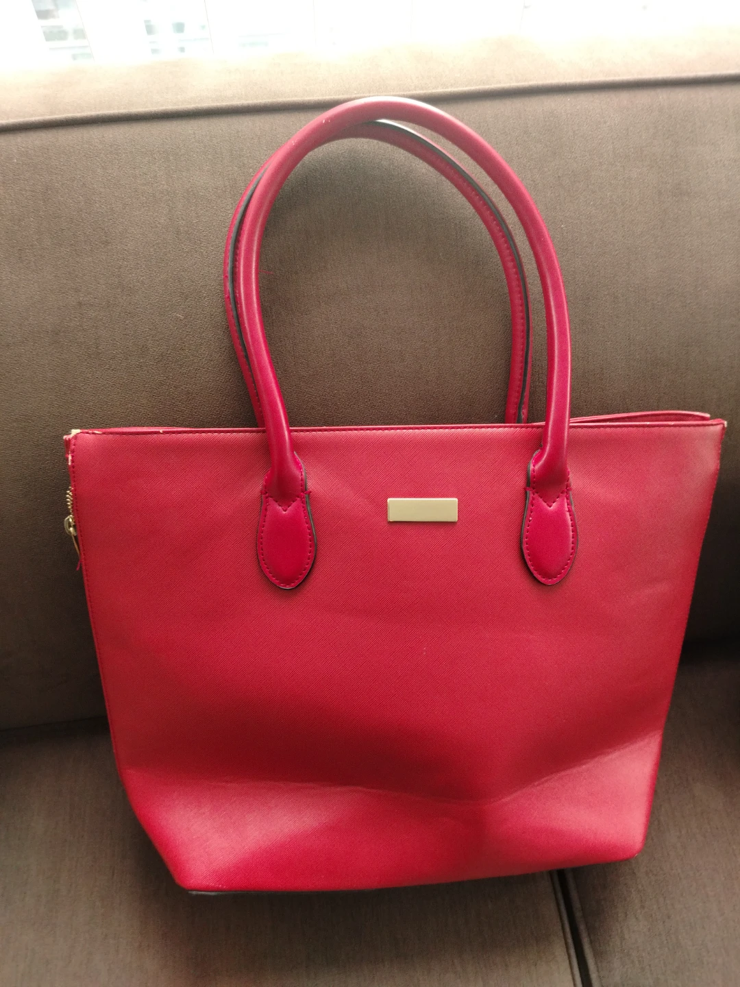 Red faux leather tote