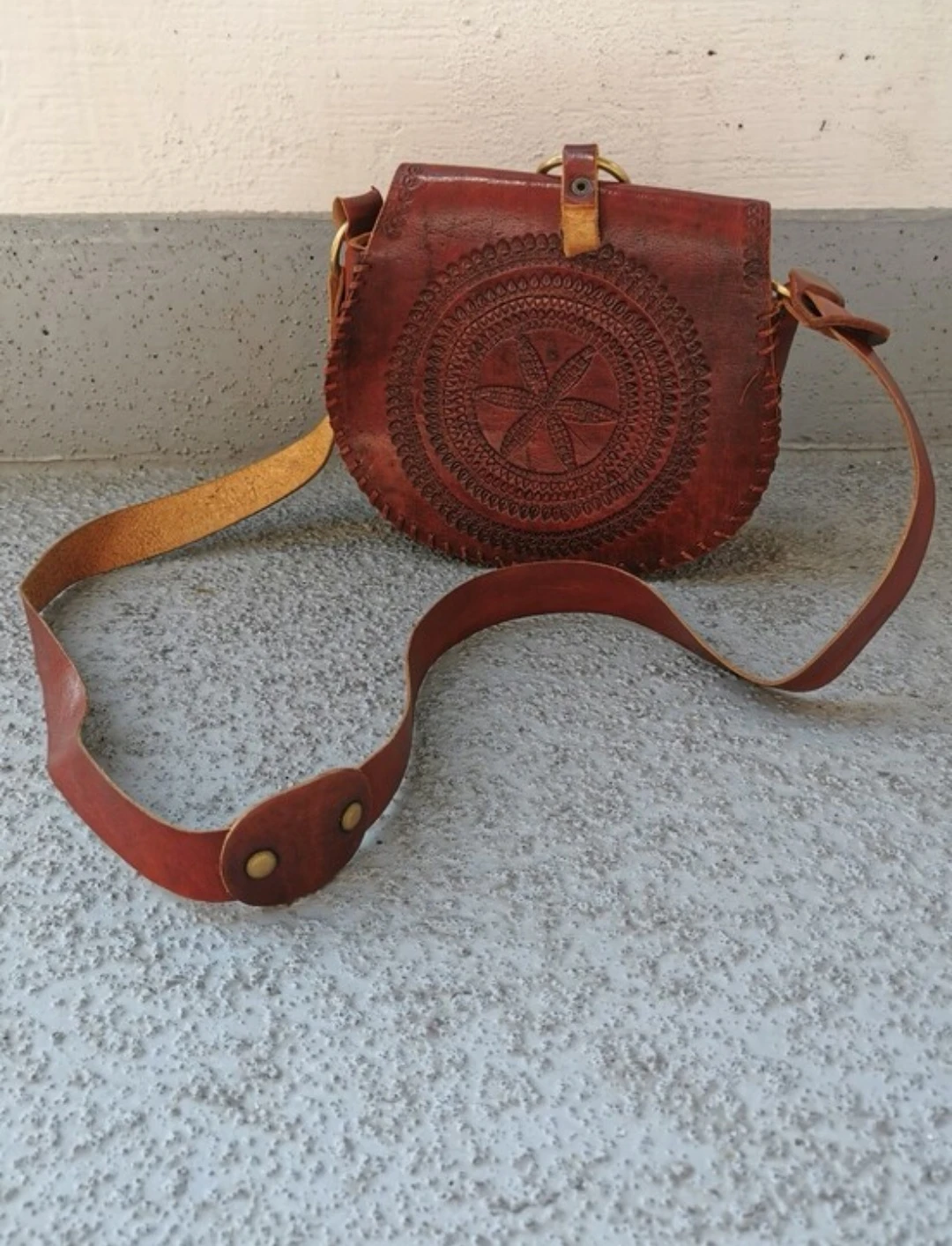 Vintage Tooled Leather Crossbody Bag Brass & Wood Toggle Boho - photo 2