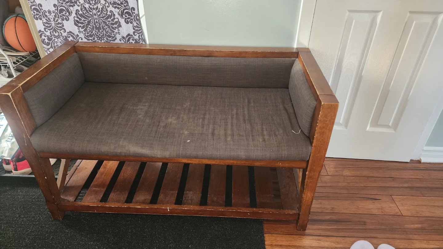 Wooden Entryway Bench with Grey Fabric Seat
