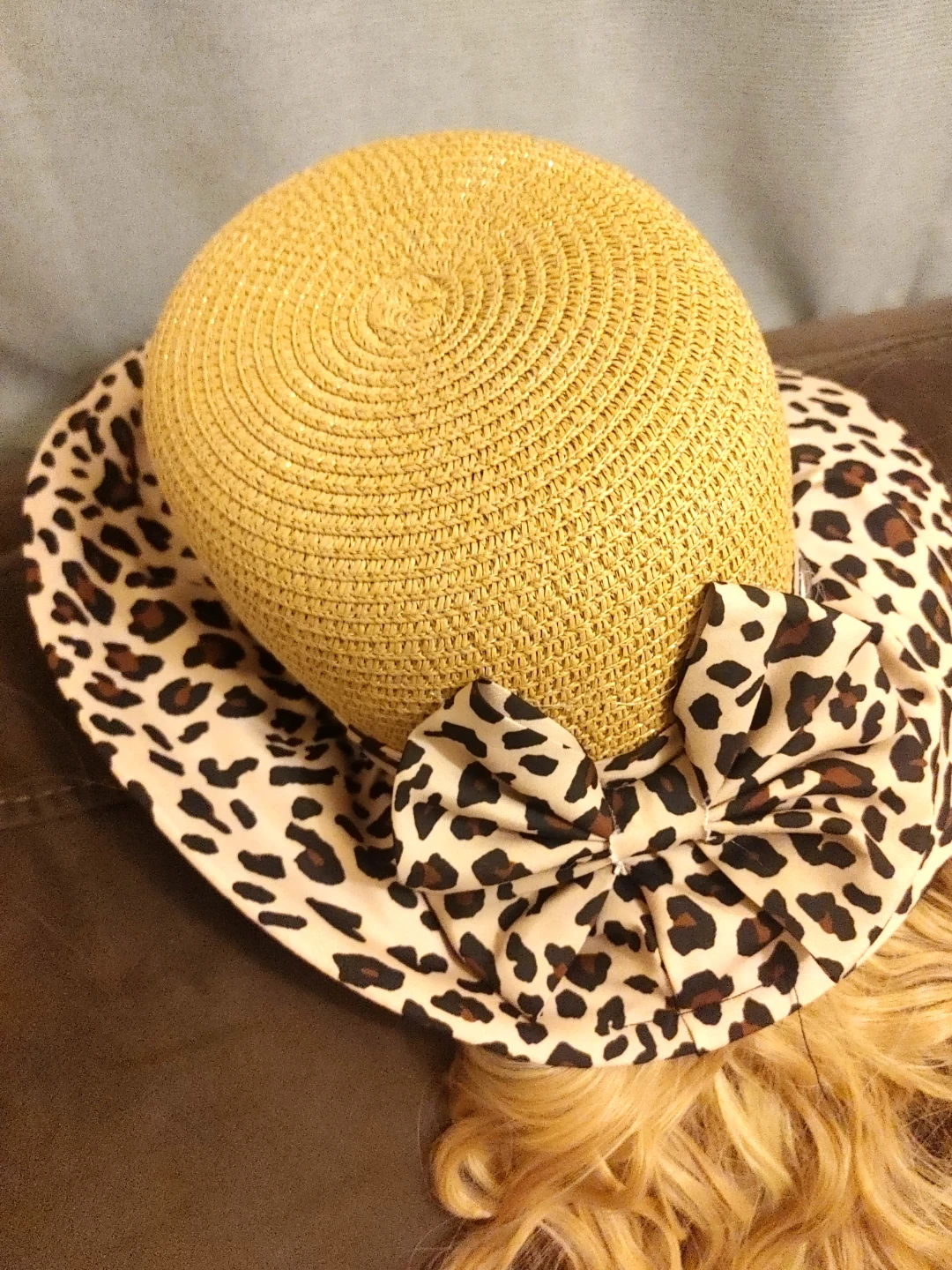Straw Hat with Leopard Print Bow and Attached Blonde Hair - photo 3