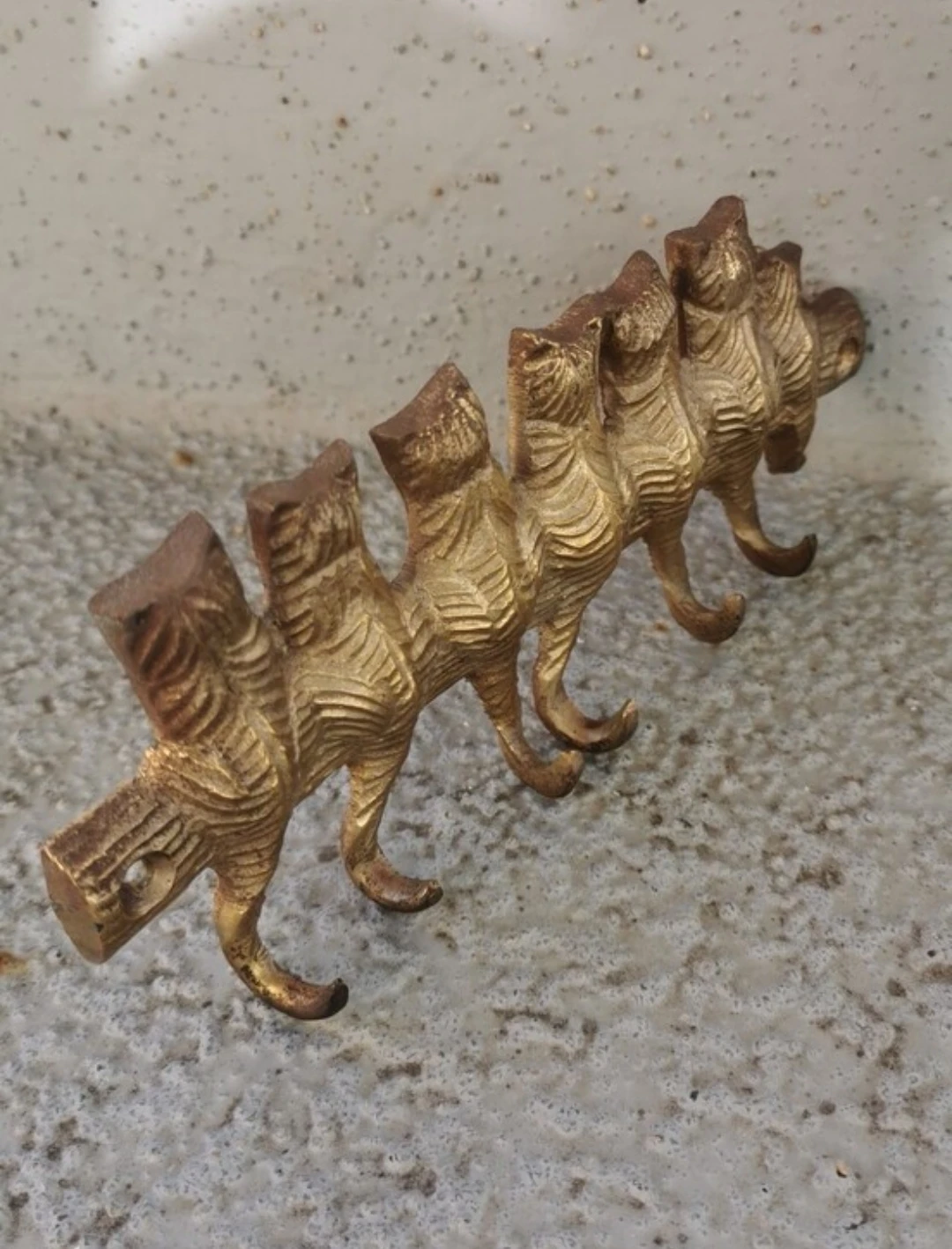 Vintage Brass Cat Family Key Holder Wall Mount Hook Rack - photo 2