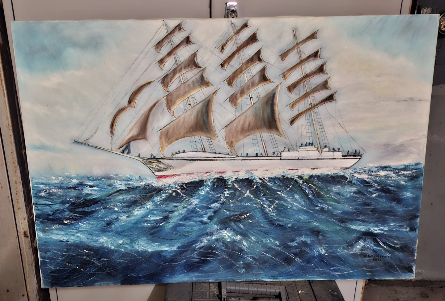 Vintage Sailing Ship Oil Painting