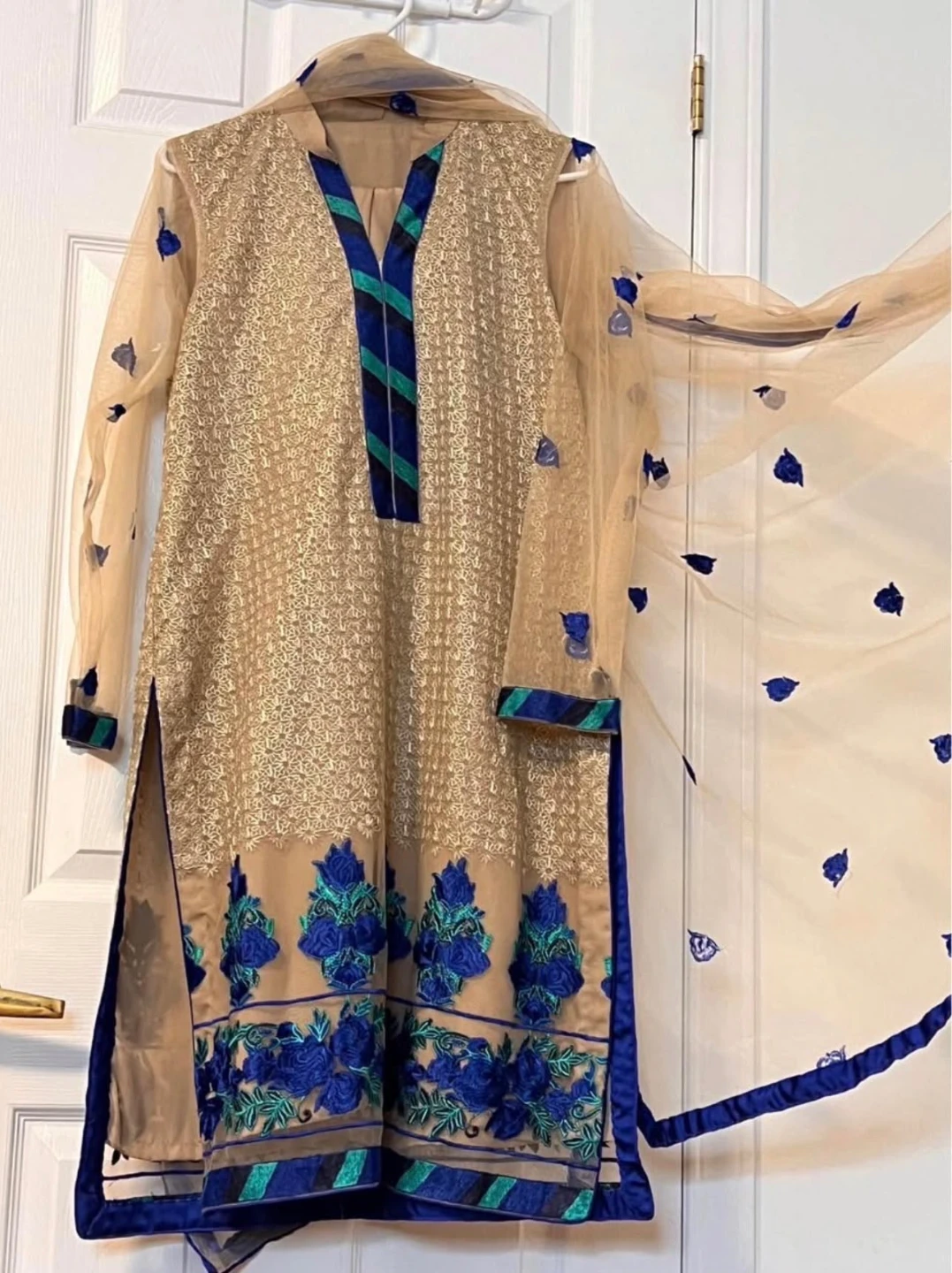 3peace Beige and Blue Embroidered Kurti Set