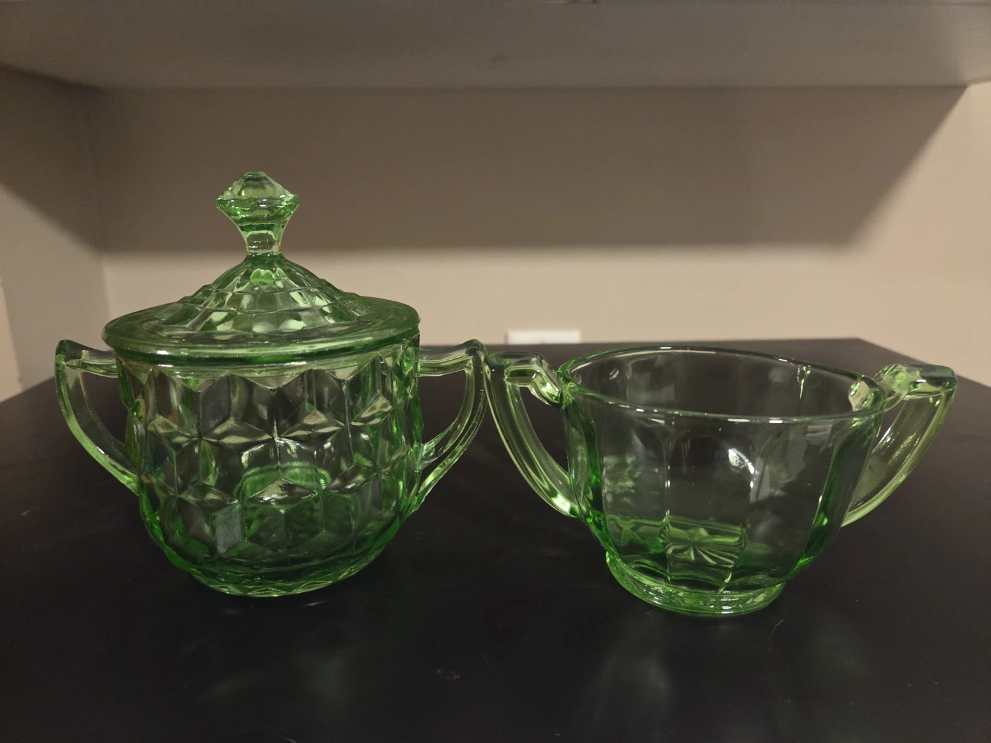 Vintage Green Glass Sugar Bowl and Creamer Set