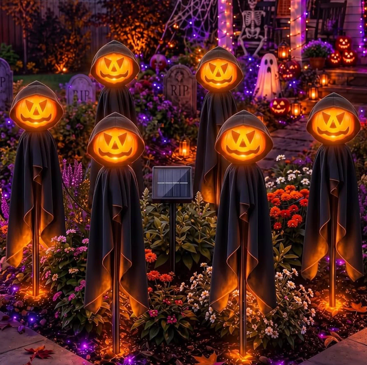 New 6-Piece Solar walkway Halloween Pumpkin Light Set