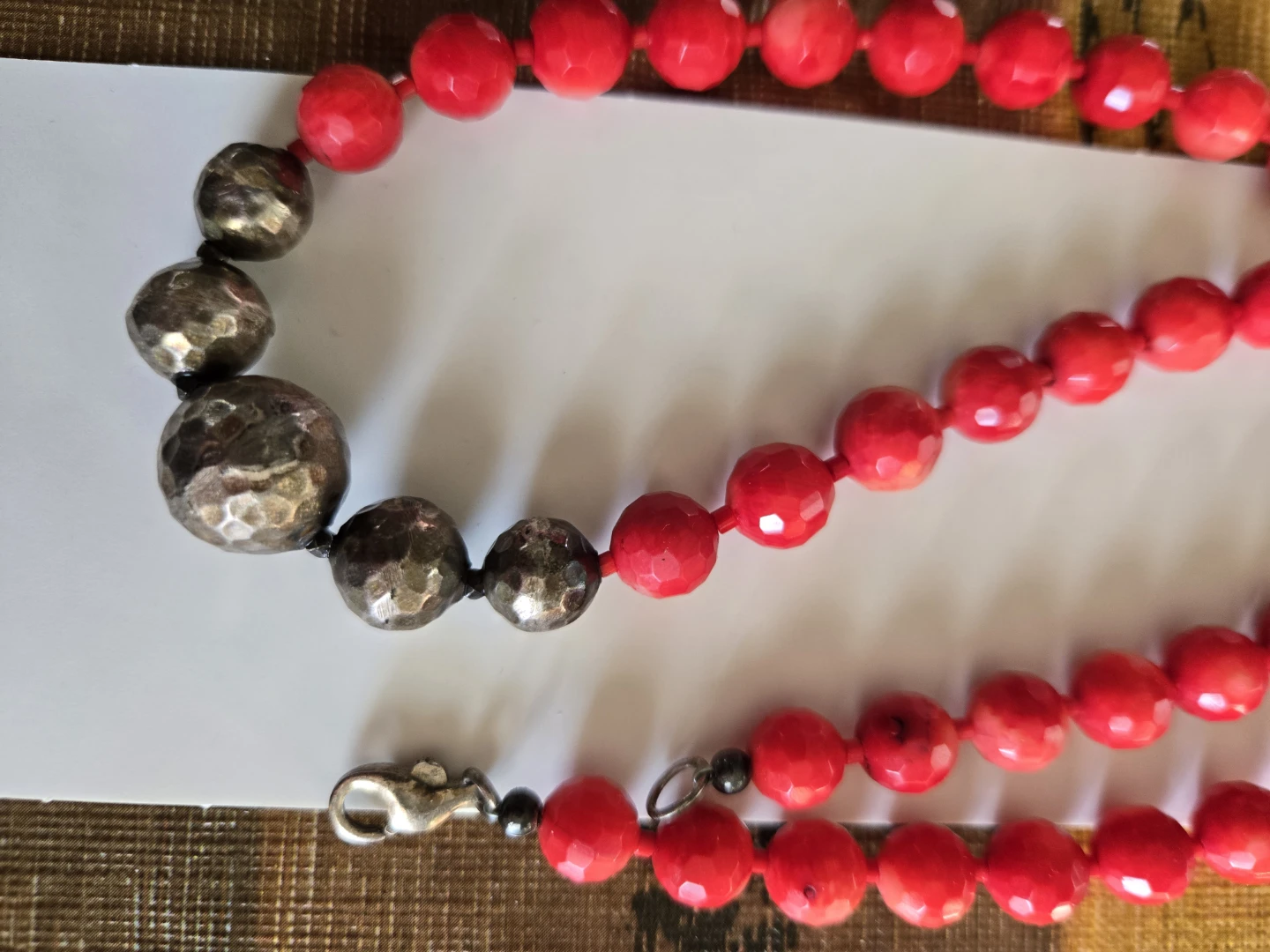 Faceted Coral and Hammered Sterling Silver Necklace 22" - photo 2