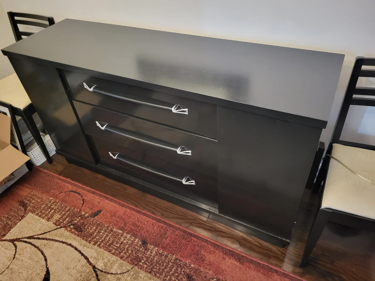 Black Wooden Sideboard with Drawers and Shelves