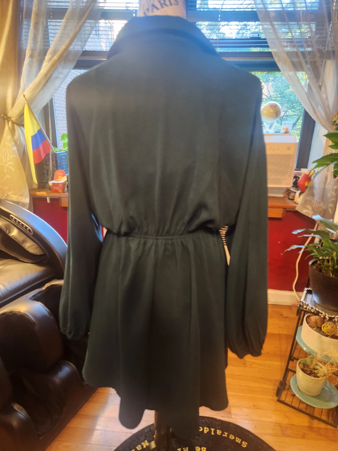 Casual Dark Emerald Green Long Sleeve Drawstring Shirt Dress - photo 3