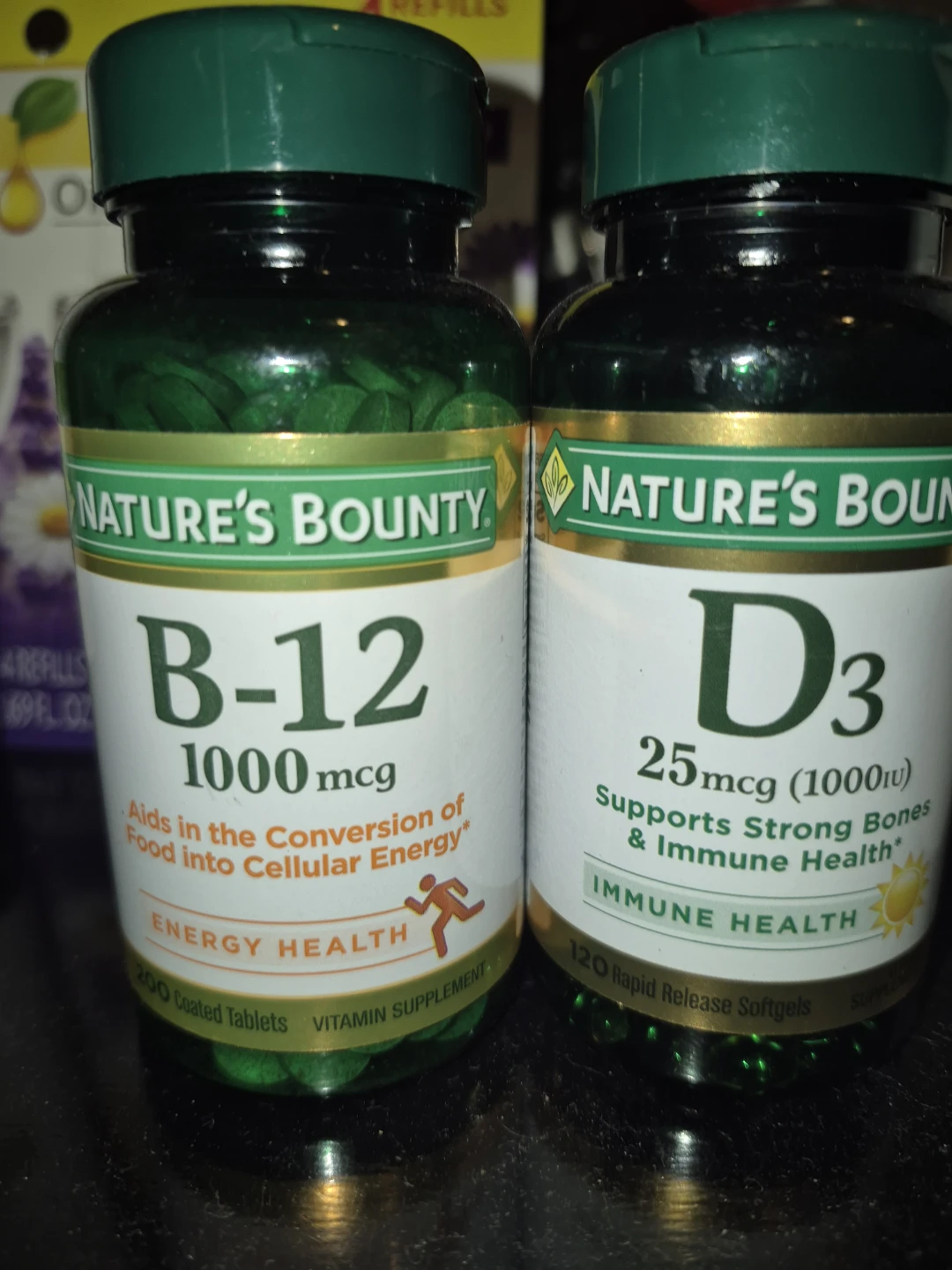 Nature's Bounty Vitamin B-12 and D3 Supplements
